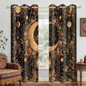 YRWSU BOHO 커튼 세트 드레이프 4CM 골드 미적 어두운 84인치 빈티지 42 커튼 보태니컬 장식 창문 포함 213 그로밋 패널 꽃무늬 초승달 106 침실 암막 2개 거실용