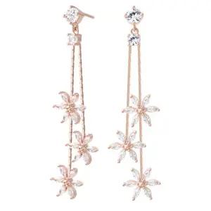 [미니아트] 14K 골드필드 핀 드롭 플라워 큐빅 꽃 롱 체인 스터드 귀걸이