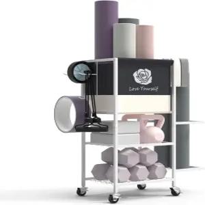 요가 매트 보관 랙 홈 체육관 운동 기구 피트니스 웨이트 온 휠 블록 폼 롤러 저항 밴드 덤프벨 케틀벨 및