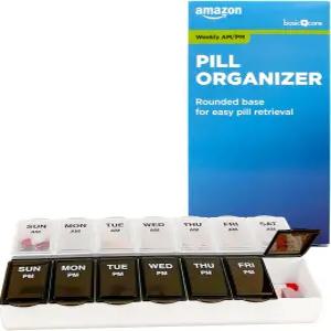 아마존 베이직 케어 7일 오전/오후 알약 정리함 케이스 및 대형 수납함 하루 2회 검은색 투명 뚜껑 품 상자