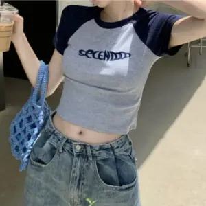 여성 여름 레터링 유니크 라운드넥 크롭 반팔 티셔츠