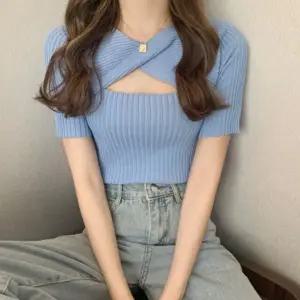 여성 골지 반팔티 꼬임 슬림 여름 크롭 니트 티셔츠