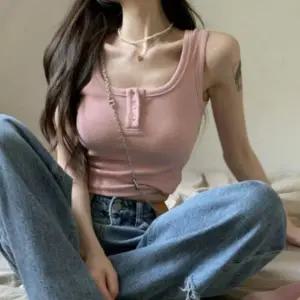 여성 여름 단추 버튼 골지 라운드 슬리브리스 탑