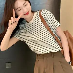 ( )여성 여름 데일리 스트라이프 단가라 줄무늬 반팔 티셔츠