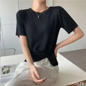 레이즐리 블랙 언발 랩 골지 반팔 티셔츠 여성 라운드 니트 봄 여름 무지 여성티셔츠 여성봄티셔츠 언발