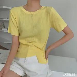 레이즐리 옐로우 언발 랩 골지 반팔 티셔츠 여성 라운드 니트 봄 여름 무지 여성티셔츠 여성봄티셔츠 언발