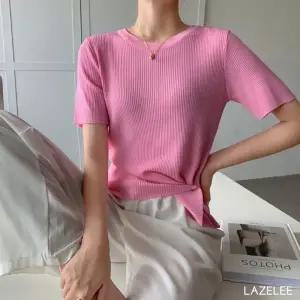 레이즐리 핑크 언발 랩 골지 반팔 티셔츠 여성 라운드 니트 봄 여름 무지 여성티셔츠 여성봄티셔츠 언발