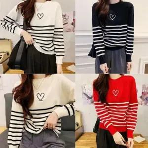 편한 하트 스트라이프 여성 긴팔티