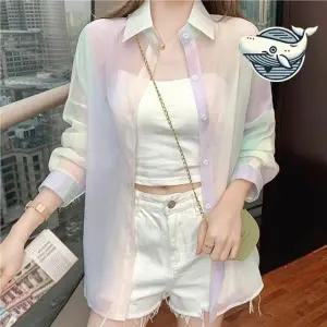 (색상 라이트파스텔)가벼운 여름 투명 셔츠 가디건 데일리 오버핏 루즈핏 크롭 여름 숏 카디건 비치로브 니