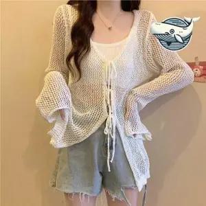 여성 여름 가디건 레이스 스트링 긴팔 세미룩 롱 비치 크롭 숏 루즈핏 용 가디건 여름 니트 볼레로