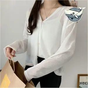 가벼운 여름 가디건 여성용 꽃단추 썸머 용 카디건  여성 크롭 그물 여름 니트 숏