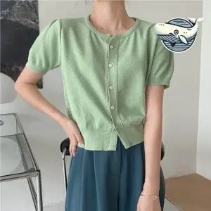 상큼한 여름 니트 크롭 가디건 버튼 여유핏 용  가디건 볼레로 숏 여름 여성 얇은 루즈핏 롱