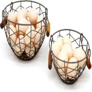 CVHOMEDECO 둥근 와이어 달걀 바구니 나무 손잡이가 있는 소박한 과일 녹슨 2개 세트