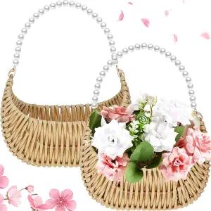 결혼식 플라워 걸 피크닉 가든 보관 및 홈 데코용 진주 손잡이가 달린 타이인 2개 라탄 바구니 작은 하프