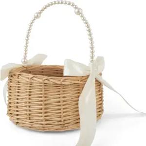 진주 손잡이 플라워 걸 바구니 실크 보우가 달린 손으로 짠 위커 웨딩 신부 샤워 및 피크닉을 위한 작은