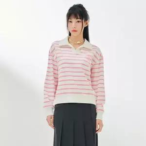[하프클럽/체이스플러스]여성 오픈카라 스트라이프 맨투맨 티셔츠 DARG5166B