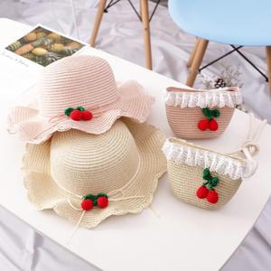 아동 체리 리본 밀짚 벙거지 모자 가방 여아 나들이 여름 왕골 휴가 비치 어린이 벙거지 나들이 어린이