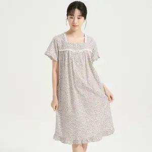 보라잔꽃 반팔 순면 여성 빅사이즈 원피스 잠옷