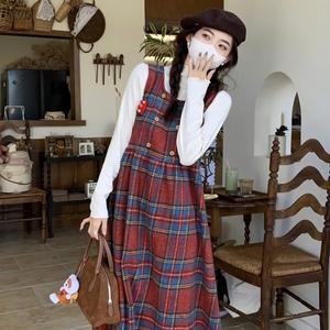 [디작소]여성 겨울 가을 모직 체크 민소매 원피스