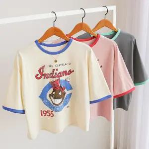 [잇수다] 인디나 프린팅 라인배색 세미크롭 반팔 링거 티셔츠