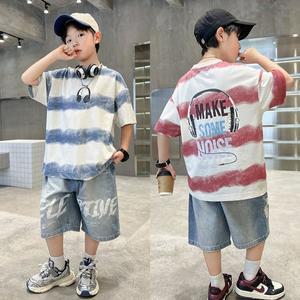 [삐삐네옷가게]초등학생 남아 줄가라 무브 여름 반팔 데님 바지 세트