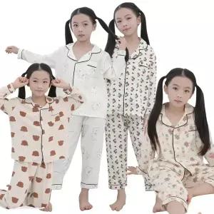 아동 긴팔 잠옷 세트 포포면 가을 긴바지 곰돌이 파자마 주니어 어린이 여아 유아 실내복 홈웨어 set 카라 단추