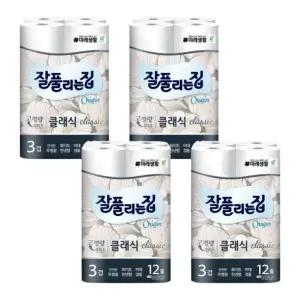 잘풀리는집 클래식 3겹 무형광 화장지 27m, 12롤, 4팩