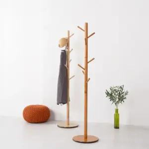 레미 원목 원형 스탠드 옷걸이 행거 (고밀도 고무나무 내추럴 브라운)