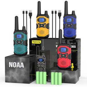 탑성 워키 토키 장거리 충전식 4팩, 다목적 USB 2방향 라디오 NOAA 토키, 가족 노인 돌봄 차고 작업 캠핑 하이킹 스키 크루즈 4500mAh 배터리 포함