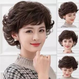 MONI 중년여성가발 웨이브 중년 정수리 수제 단발 자연스러운 가발 짧은머리