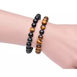 호안석 흑요석 원석 팔찌 세트 남성용 탄력 밴드 비즈 팔찌 브라운 블랙