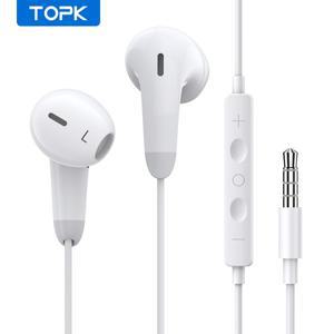 TOPK 유선 이어폰 인이어 헤드셋, 마이크 포함, 스테레오 베이스 사운드, 3.5mm 잭 이어버드 이어피스, 아
