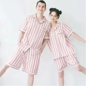 엣지 스트라이프 파이핑 커플 잠옷 여름 반팔 주머니 선물 홈웨어 파자마