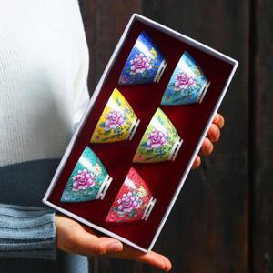 에나멜 컬러 도자기 쿵푸 차 그릇 꽃 패턴 장식 마스터 모자 컵 다도 음료 도구 6 개/세트