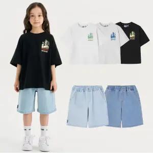 [롯데백화점]아웃도어프로덕츠 서핑비치 그래픽 반팔 티셔츠,베이직 데님 쇼츠 세트(OD262ISS19,OD262BDP14