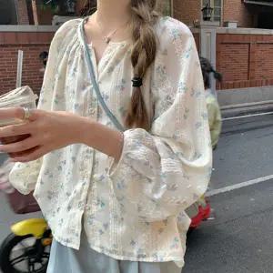 블랙카우 로맨틱 제비꽃 레이스 셔츠 여름 블라우스 퍼프