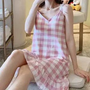 홈웨어 여름 빅체크 잠옷 여름잠옷 원피스잠옷 원피스 여성 브라 ...