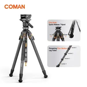 COMAN T1S V5 여행용 카본 파이버 삼각대 원클릭 퀵 릴리즈 파노라마 짐벌 비디오 헤드 포함 DSLR 카메라
