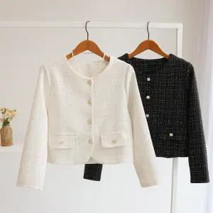 [잇수다] 하베트 자개 버튼 노카라 라운드 트위드 자켓