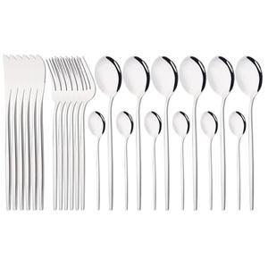 24Pcs 실버 스테인레스 스틸 저녁 식사 칼 붙이 세트 나이프 포크 스푼 식기류 거울 웨딩 생일은 제품