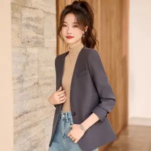 여사친 베이지 캐주얼 가을 정장 노카라 상의 코트 재킷 원픽3