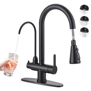 [미국배송] 정수 필터 수도꼭지가 있는 주방 수도꼭지 블랙 스테인리스 스틸 식수 싱크대 농가 바용 풀다운 스프레이가 하이 아크 2 핸들 수도꼭지