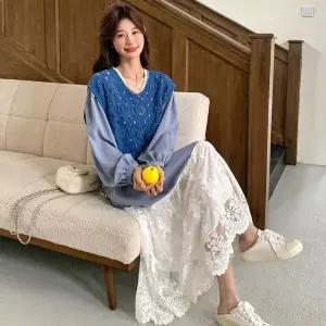 여성용 원피스 투피스 봄가을 프렌치 정장세트 셋업 레이스 조끼 DUCHI3