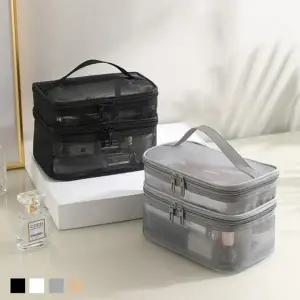 수영장 화장실 화장대 화장품 정리 투명 메쉬 2단 건습 분리 지퍼 파우치