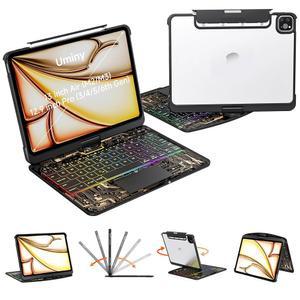 IPAD AIR 13인치(M3 2025 / M2 2024) 및 PRO 12.9인치(6세대 5세대 4세대 3세대)용 UMINY 투명 키보드 케이스 - 멀티터치 트랙패드 360 회전 스탠드 7색 백라이트 펜슬 홀더 블랙
