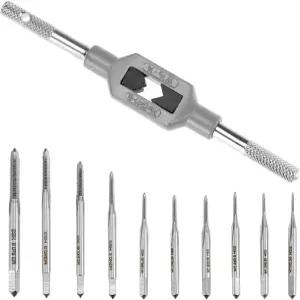 QWORK 마이크로 탭 비트 세트 - 10개의 M1-M3.5 HSS 미니 나사산 미터법 플러그 나사 및 조절 가능한 렌치