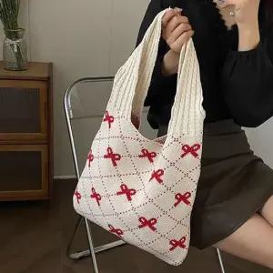 또밍 미니 체크 리본 꽈베기 니트 숄더백