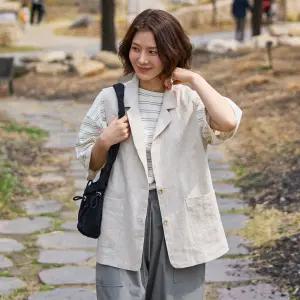 린넨 투버튼 테얼러 카라 조끼 베스트 여성 빅사이즈