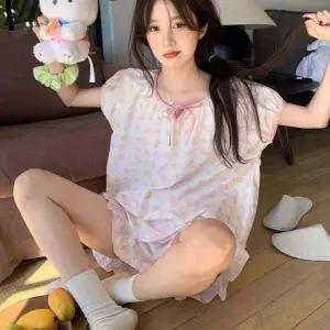 실크 세트 나시 파자마 핑크 파티 커플 상하의 체크 매듭 수면 속옷 잠옷 리본 여자