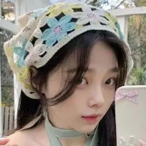 WL 빈티지 무드 뜨개 헤어 커치프 여성스러운 플라워 헤어스카프